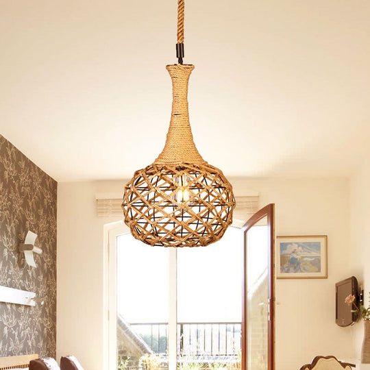 Beige Nautical Globe Cage Pendant Light with Metal & Rope Suspension - Ideal for Dining Room - 1 Light