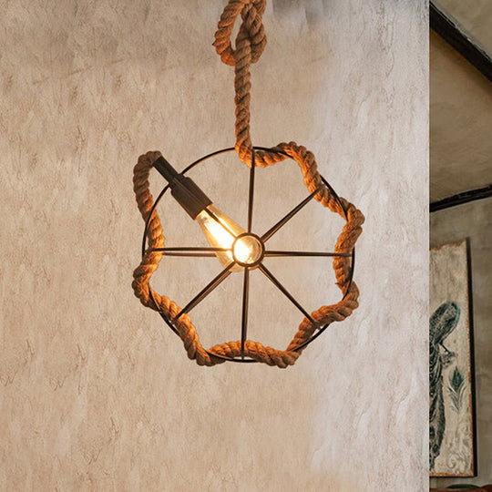 Industrial Beige Rope And Metal Adjustable Pendant Ceiling Light - Head Wheel Cage Design