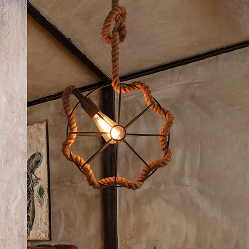 Industrial Beige Rope And Metal Adjustable Pendant Ceiling Light - Head Wheel Cage Design