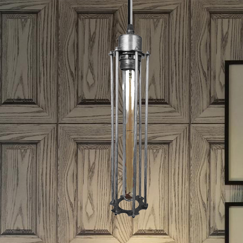 Industrial Style Metal Cage Pendant Light with Adjustable Cord - Antique Brass/Aged Silver Finish