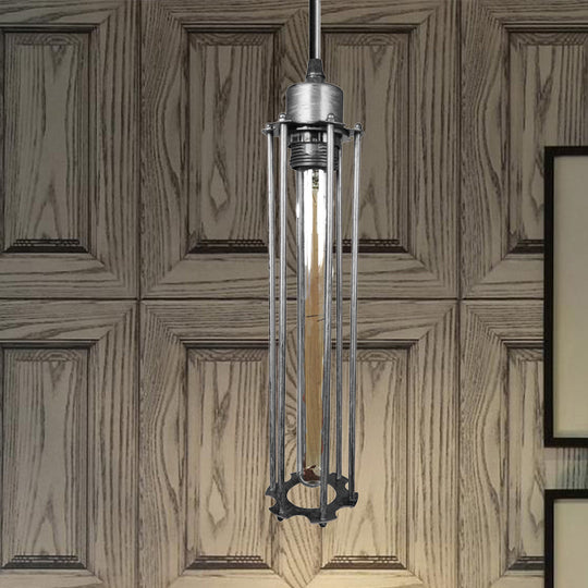 Industrial Style Metal Cage Pendant Light with Adjustable Cord - Antique Brass/Aged Silver Finish