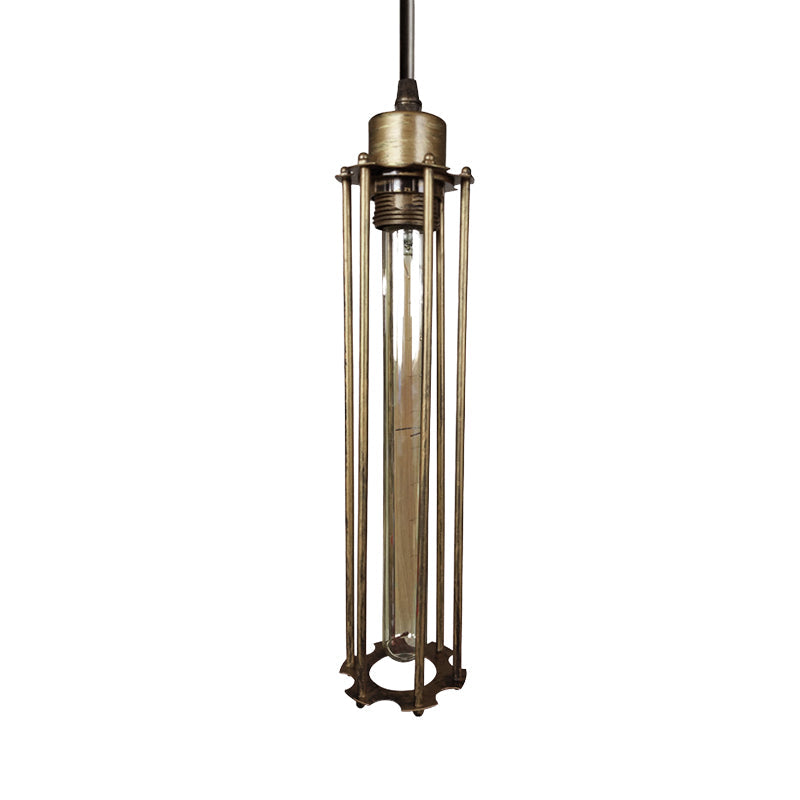 Industrial Style Metal Cage Pendant Light with Adjustable Cord - Antique Brass/Aged Silver Finish