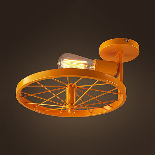 Semi-Flush Ceiling Light with Exposed Bulb, Industrial Wheel Design in White/Red Metallic