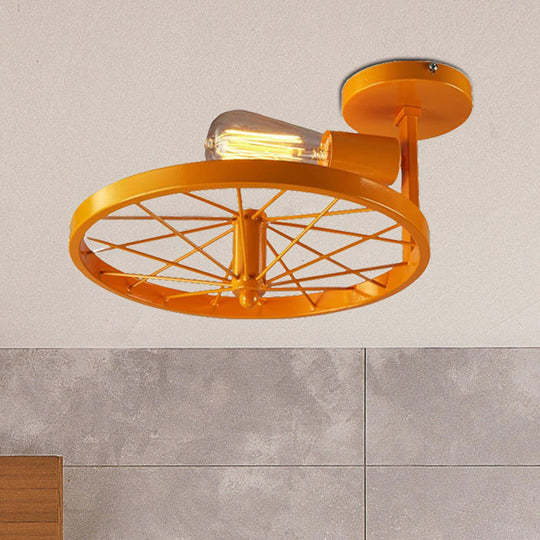 Semi-Flush Ceiling Light with Exposed Bulb, Industrial Wheel Design in White/Red Metallic