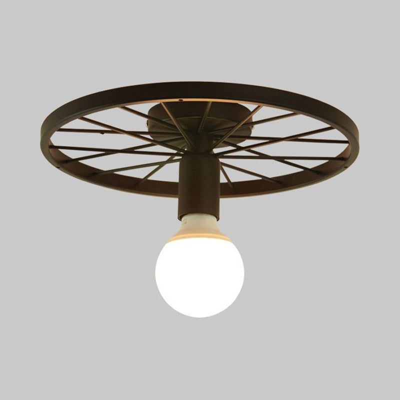 Retro Metal Pendant Light - Wheel Shaped Semi Flush Mount with 1 Bulb and Black Finish for Corridors