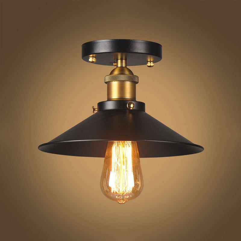 9.5"-10" Dia Flat Shade Ceiling Mounted Light: Industrial Metallic Single Head Flush Light in Black