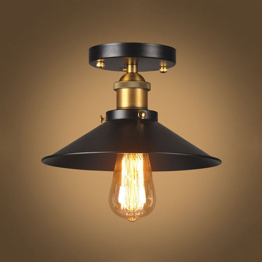 9.5-10 Dia Flat Shade Ceiling Mounted Light: Industrial Metallic Single Head Flush Light In Black