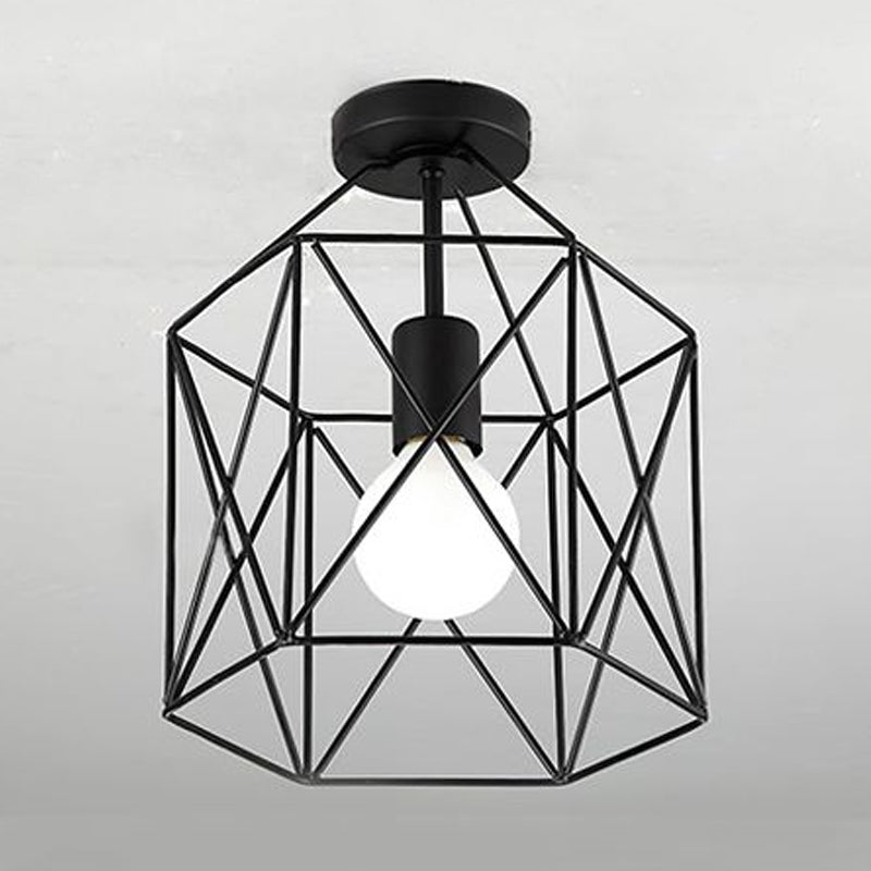 Geometric Cage Semi-Flush Ceiling Fixture - Industrial Black Metallic Finish - Balcony Lighting