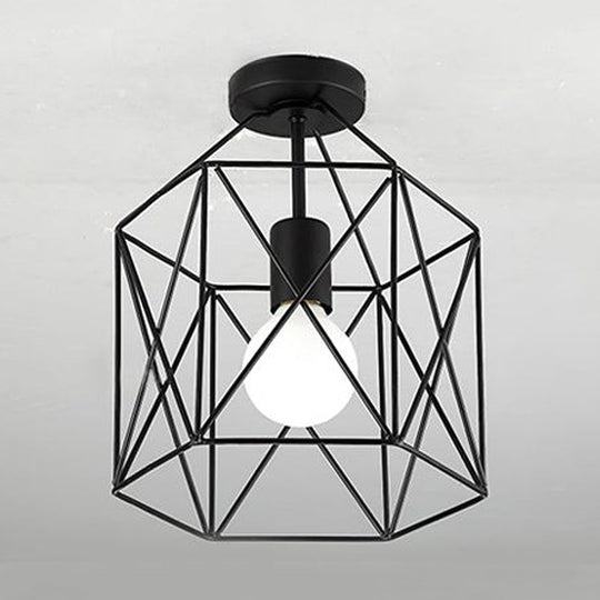 Geometric Cage Semi-Flush Ceiling Fixture - Industrial Black Metallic Finish Balcony Lighting