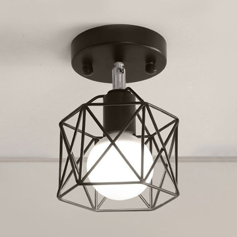 Industrial Loft Black Iron Hexagon Semi Flush Ceiling Light with Wire Guard for Kitchen