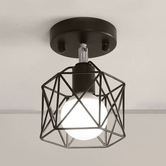 Industrial Loft Black Iron Hexagon Semi Flush Ceiling Light With Wire Guard For Kitchen