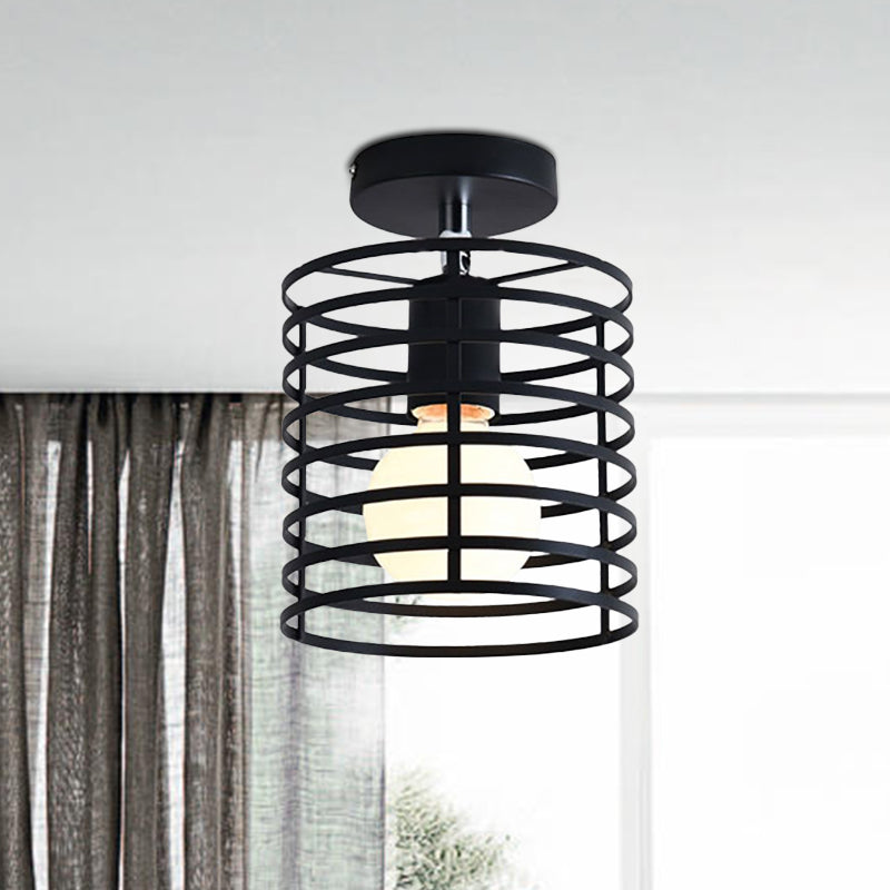 Retro Vintage Metal Cylinder/Drum Cage Semi-Flush Ceiling Light - Black Semi Flush Fixture with Rotatable 1-Head for Bedroom