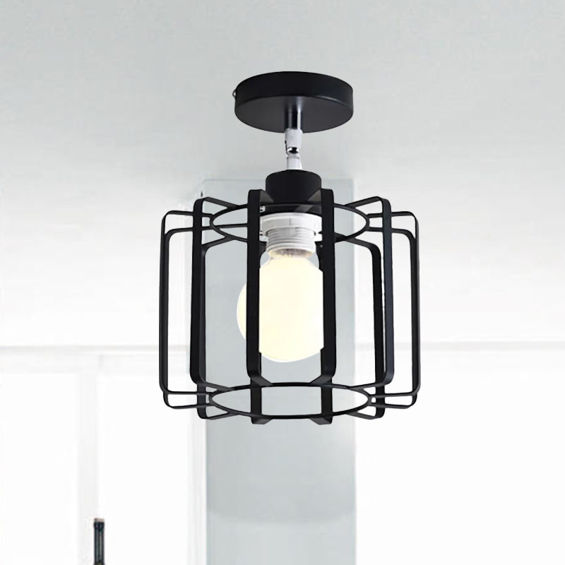 Retro Vintage Metal Cylinder/Drum Cage Semi-Flush Ceiling Light - Black Semi Flush Fixture with Rotatable 1-Head for Bedroom