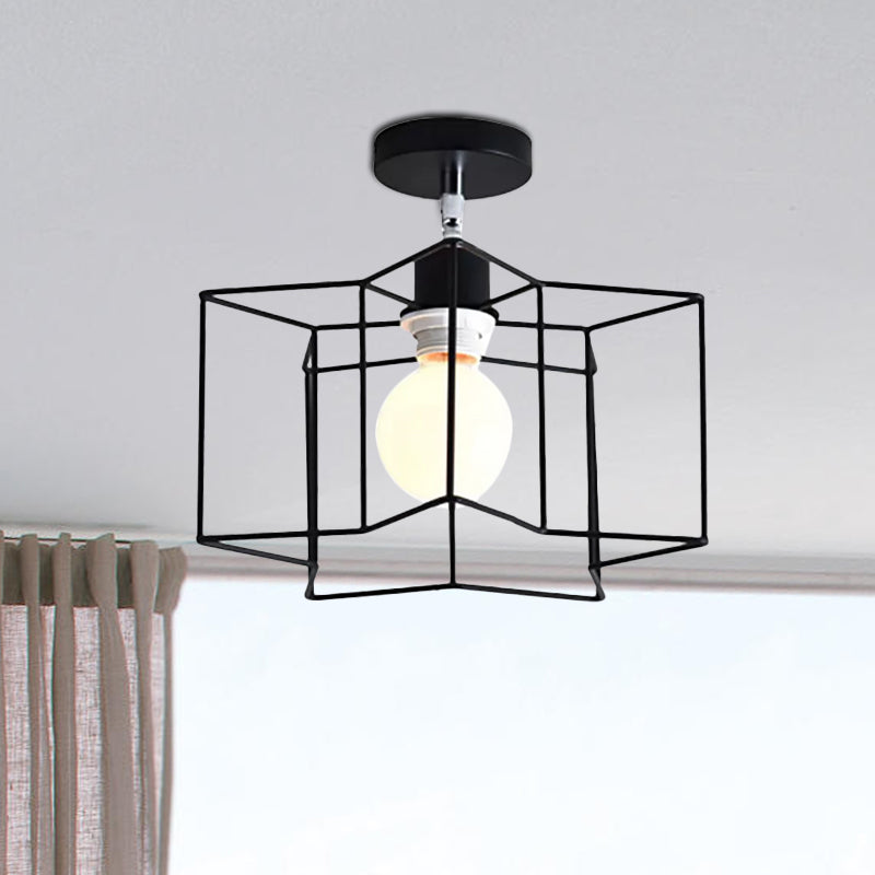 Retro Vintage Metal Cylinder/Drum Cage Semi-Flush Ceiling Light - Black Semi Flush Fixture with Rotatable 1-Head for Bedroom