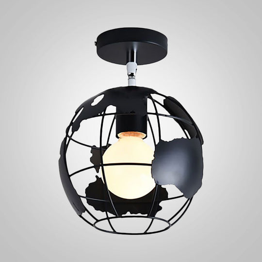 Industrial Black Cage Pendant Light for Corridor Ceiling - Semi Flush Globe/Oval Shape with Iron 1-Light