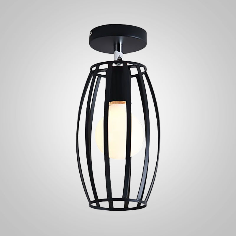 Industrial Black Cage Pendant Light for Corridor Ceiling - Semi Flush Globe/Oval Shape with Iron 1-Light