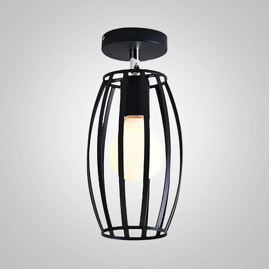 Industrial Black Cage Pendant Light For Corridor Ceiling - Semi Flush Globe/Oval Shape With Iron