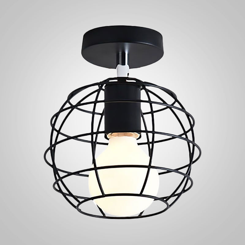 Industrial Black Cage Pendant Light for Corridor Ceiling - Semi Flush Globe/Oval Shape with Iron 1-Light