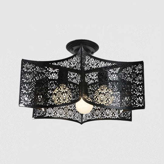 Black Drum Design Semi Flush Light - Vintage Retro Metallic 3-Head Foyer Flush Mount, 16"/16.5" W