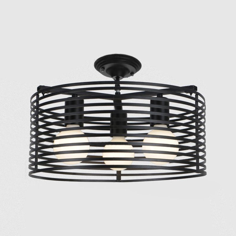 Black Drum Design Semi Flush Light - Vintage Retro Metallic 3-Head Foyer Flush Mount, 16"/16.5" W