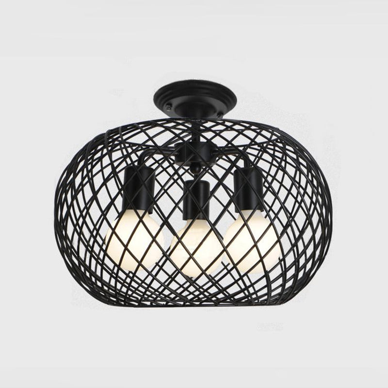 Black Drum Design Semi Flush Light - Vintage Retro Metallic 3-Head Foyer Flush Mount, 16"/16.5" W