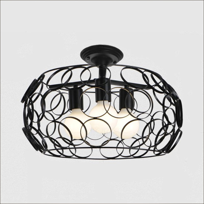 Black Drum Design Semi Flush Light - Vintage Retro Metallic 3-Head Foyer Flush Mount, 16"/16.5" W