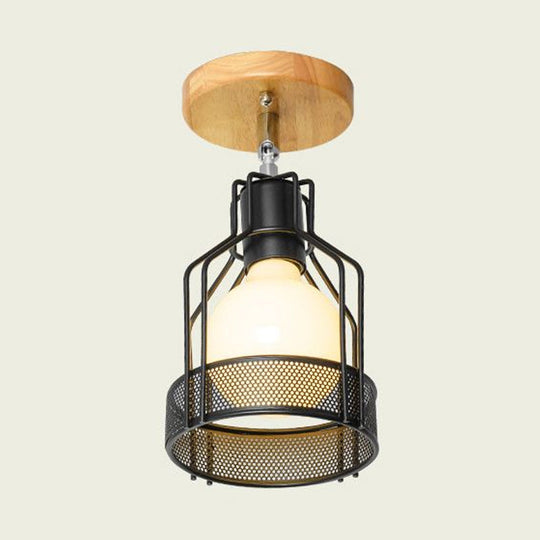 Industrial Loft Ceiling Fixture with Wire Cage and Rotatable Bulb - Black Metallic Semi-Flush Mount for 4"/5.5" Dia