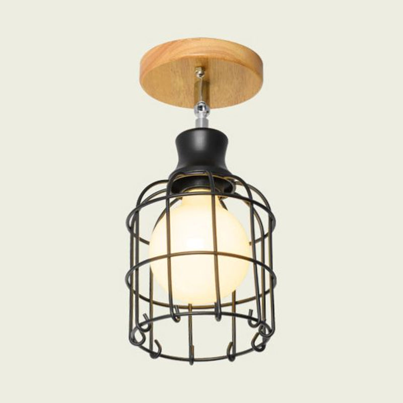 Industrial Loft Ceiling Fixture with Wire Cage and Rotatable Bulb - Black Metallic Semi-Flush Mount for 4"/5.5" Dia