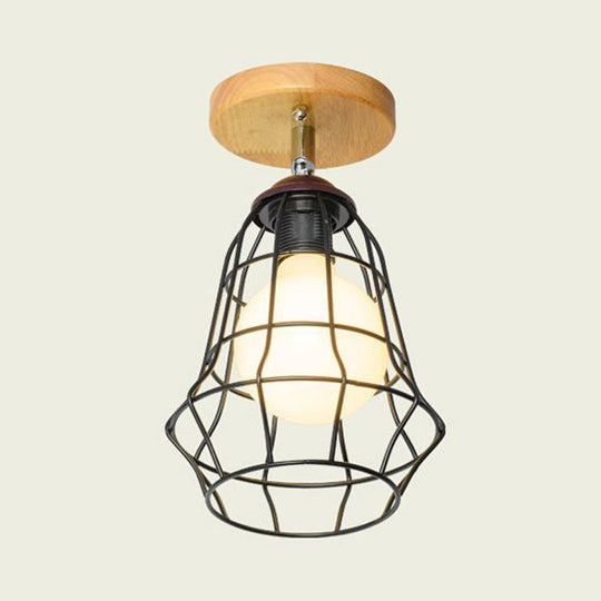 Retro Industrial Metal Semi Flush Light: Mini Triangle/Urn Design with Wire Guard - 1 Head Bedroom Ceiling Fixture