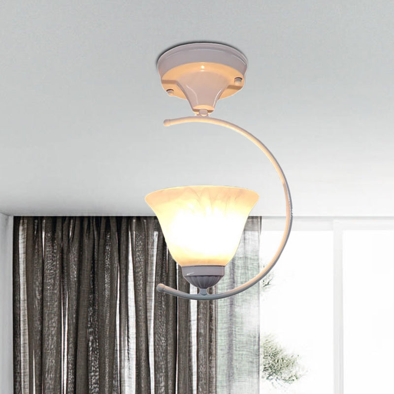 Industrial Flower/Bell Semi Flush Mount Ceiling Light - Single Bulb, Frosted Glass - White/Black for Corridor