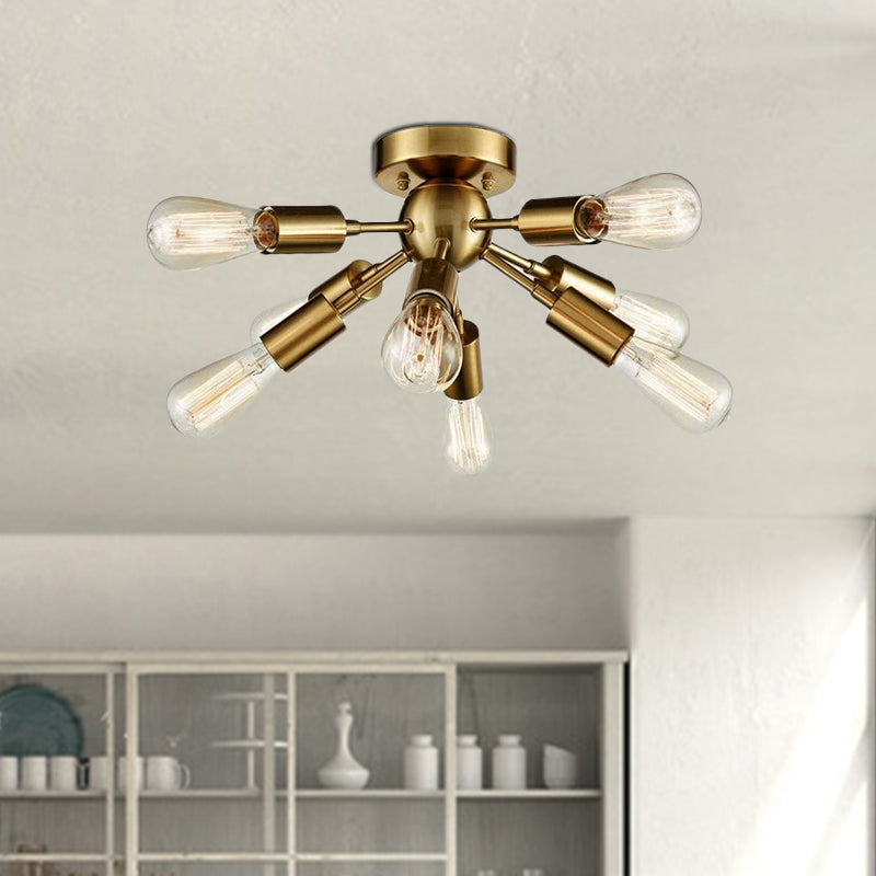 Vintage Style Brass/Nickel Finish Sputnik Ceiling Light - Bedroom Semi Flush with Open Bulb