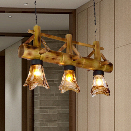 Bamboo Lodge Flared Pendant Light With 2 Amber Glass Shades - Island Lighting