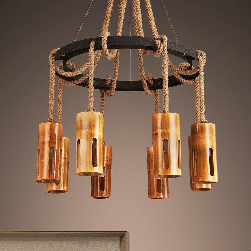 Lodge Style Bamboo Chandelier Pendant Lamp With Multi Lights And Hanging Rope - Stylish Lighting