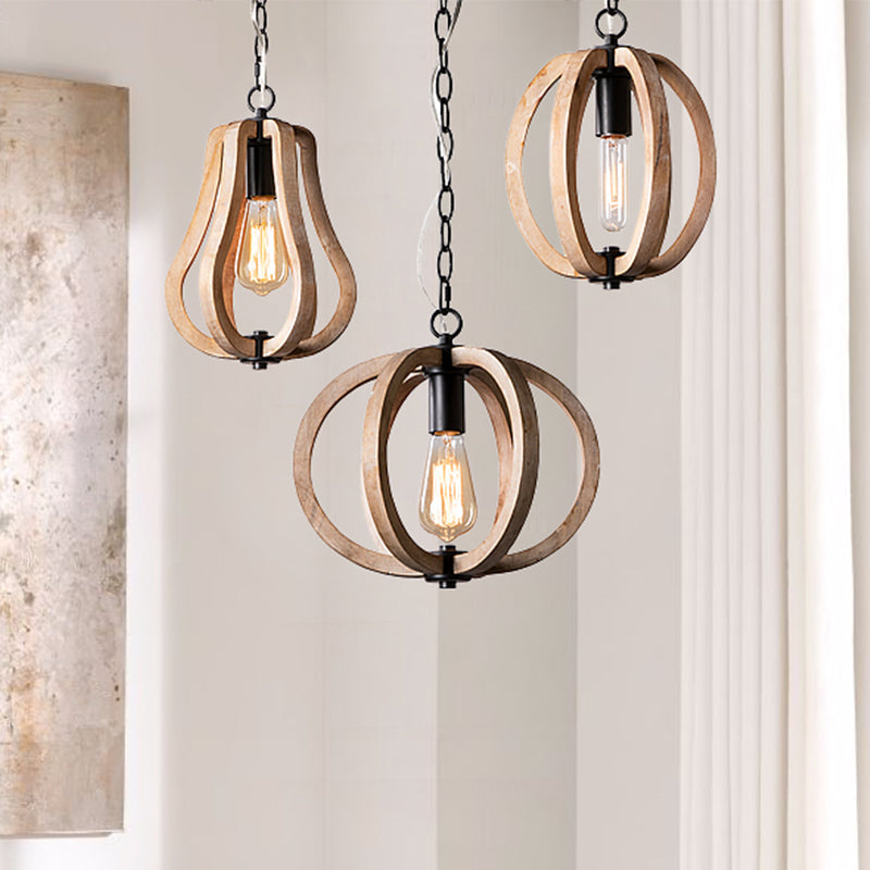 Country Style Wood Orb Drop Ceiling Pendant Light In Black For Foyer