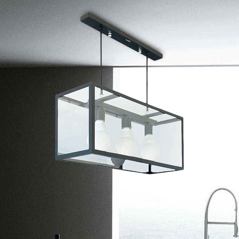 Clear Glass Hanging Pendant Industrial Kitchen Island Light - 3-Light Rectangle Design In White