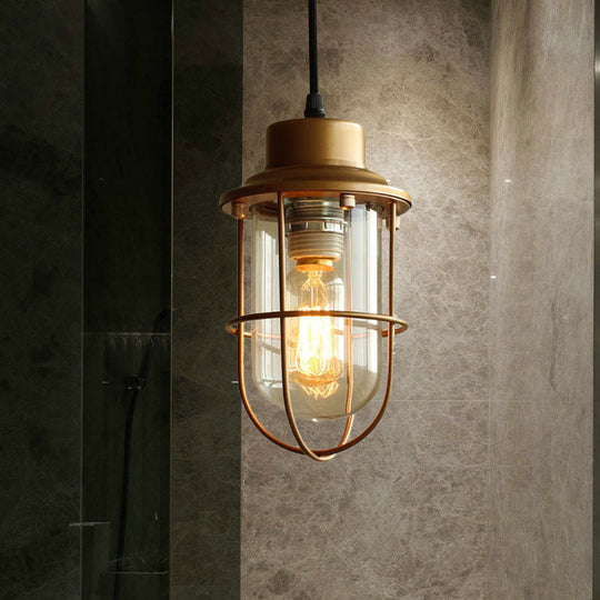 Vintage Retro Style Clear Glass Brass Caged Pendant Light with 1 Bulb