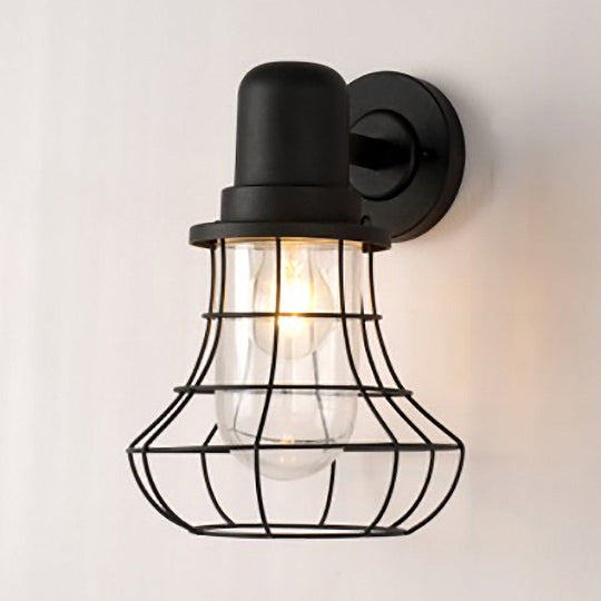 Industrial Black Metal Sconce Light With Clear Glass Shade For Porch - 1 Wire Frame Wall Lamp