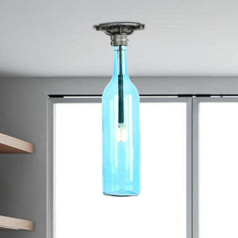 Rustic Semi Flush Bottle Glass Ceiling Light Fixture with Brown/Blue Shades for Corridor