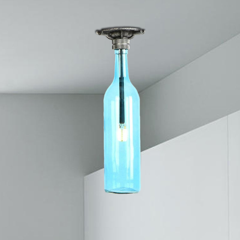 Rustic Semi Flush Bottle Glass Ceiling Light Fixture with Brown/Blue Shades for Corridor