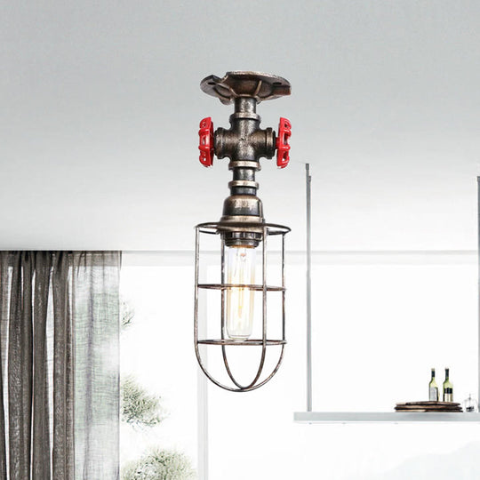 Valve Nautical Style Cage Metal Semi Flush Light - 1 Light Living Room Ceiling Fixture in Black/Bronze