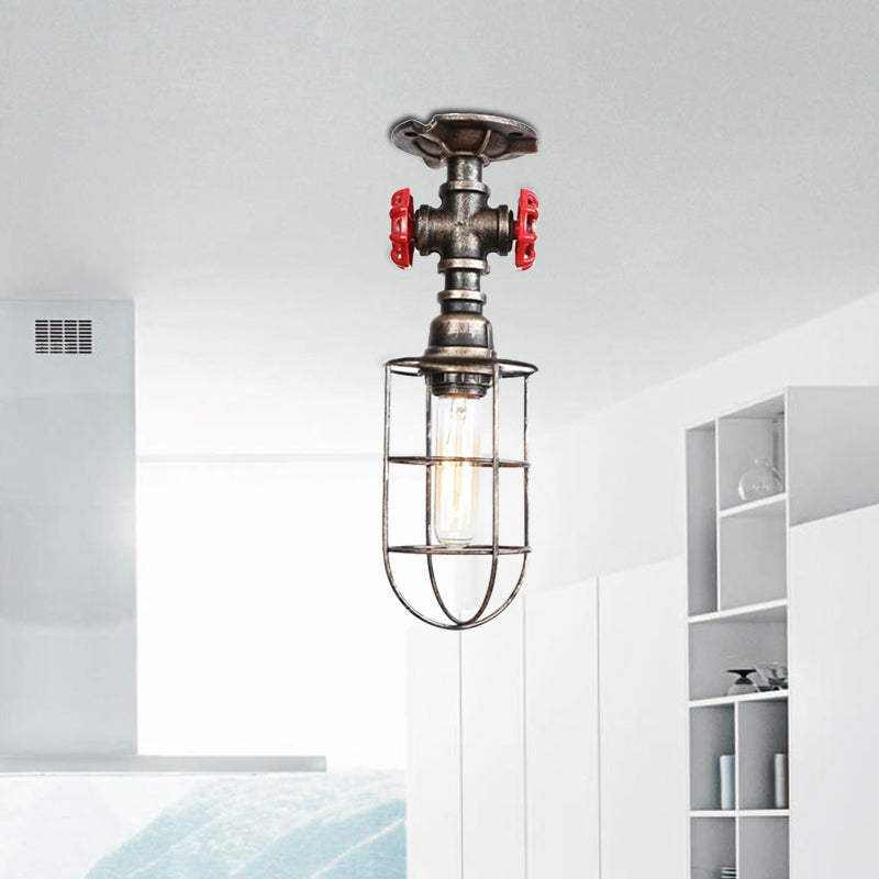 Valve Nautical Style Cage Metal Semi Flush Light - 1 Living Room Ceiling Fixture In Black/Bronze