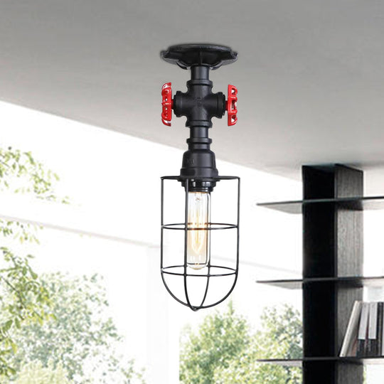 Valve Nautical Style Cage Metal Semi Flush Light - 1 Light Living Room Ceiling Fixture in Black/Bronze