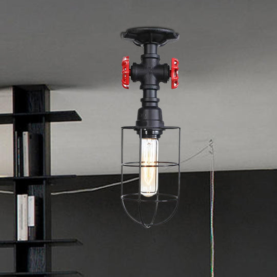 Valve Nautical Style Cage Metal Semi Flush Light - 1 Living Room Ceiling Fixture In Black/Bronze