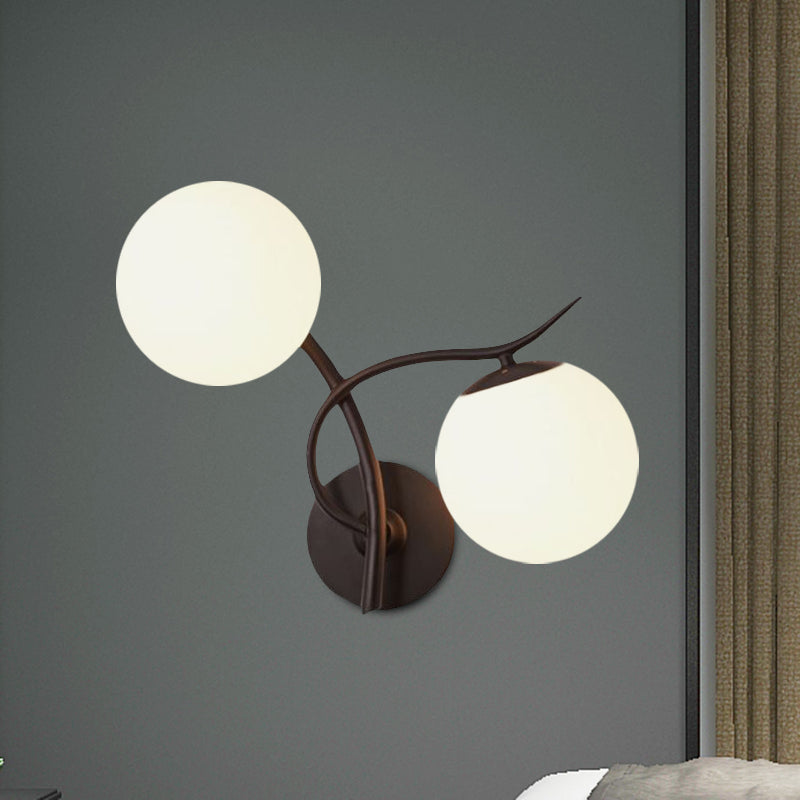 Contemporary Black Wall Sconce Light With 2 Bulbs And Milky Glass - Modern Globe Fixture