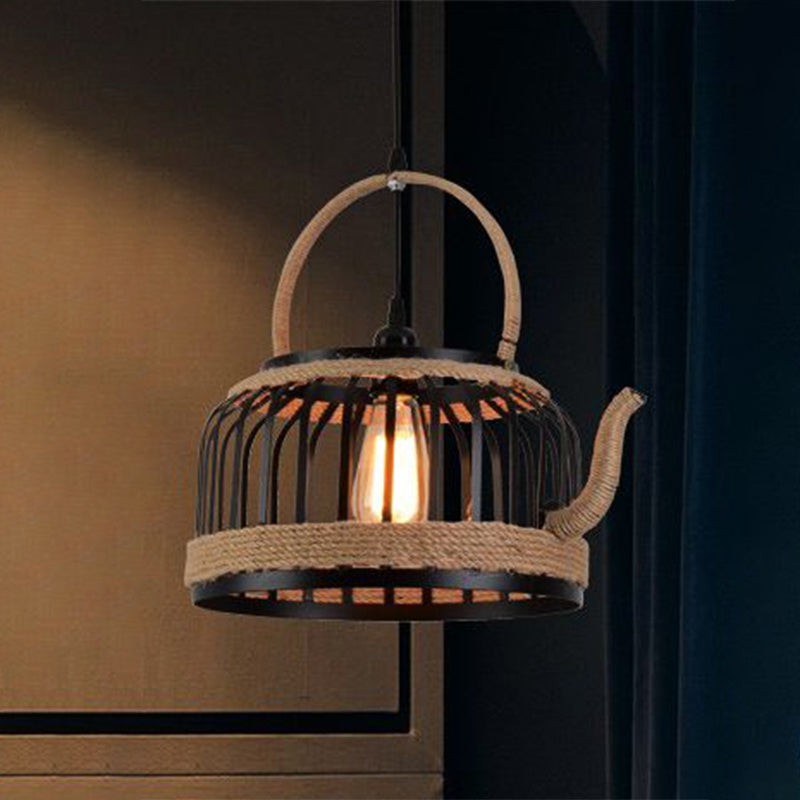 Vintage Kettle Cage Pendant Light - Metal & Rope Hanging Lamp in Beige - Ideal for Restaurants