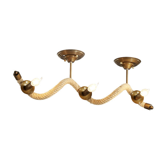 3-Head Wavy Rope Semi-Mount Ceiling Light Fixture - Vintage Brass Finish with Metallic Shine