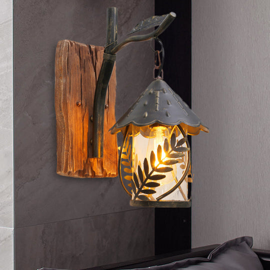 Industrial Clear Glass/Fabric Black Sconce Light With 1-Light Cylinder Leaf And Wood Backplate