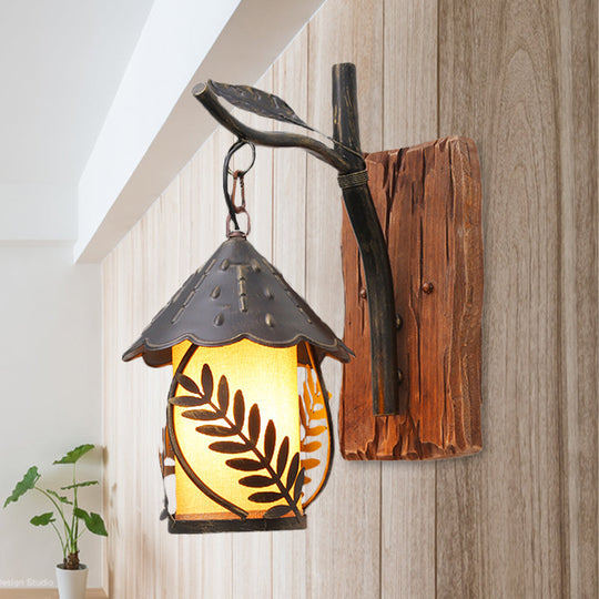 Industrial Clear Glass/Fabric Black Sconce Light With 1-Light Cylinder Leaf And Wood Backplate