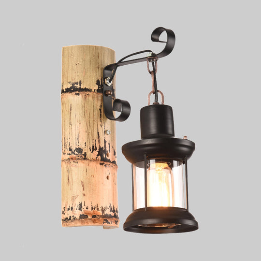 Clear Glass Lantern Wall Light - Industrial Dining Room Sconce In Black With Bamboo Backplate