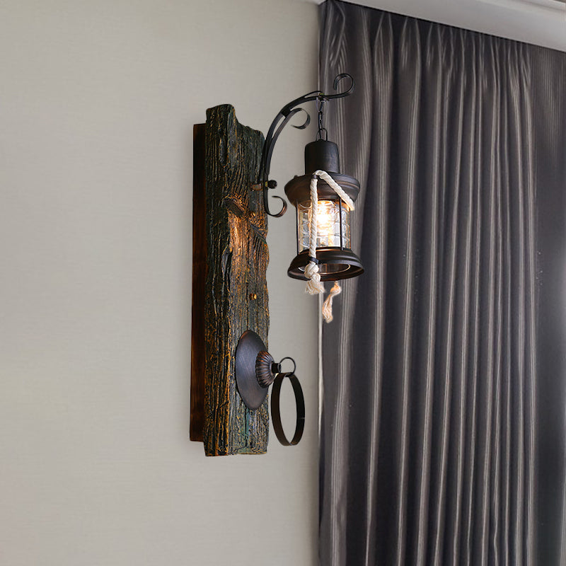 Coastal Black Kerosene Sconce With Clear Glass Bulb And Wooden Backplate For Outdoor Lighting